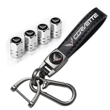 Imagem de Conjunto de tampas de haste de válvula de pneu de carro e chaveiro de carro compatível com Corvette C4 C6 C5 C7 C8 Z06 para homens e mulheres presentes de família acessórios de carro