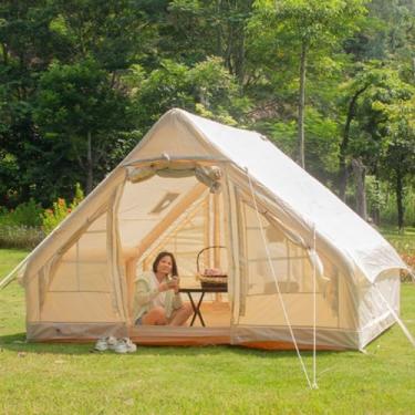 Imagem de Barraca de acampamento inflável portátil com bomba, barraca de 6㎡ para 4 a 6 pessoas com abertura de chaminé para 4 estações, à prova d'água, à prova de vento, ao ar livre, autosustentável