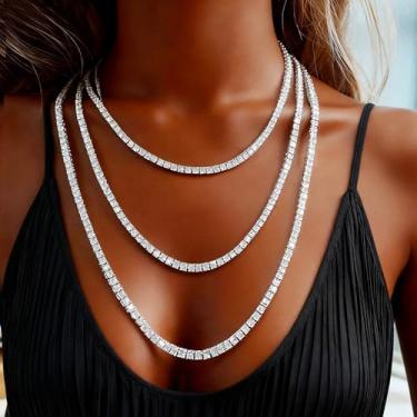 Imagem de Colar de corrente de tênis de diamante dourado e prata gelado para homens e mulheres, colares de strass para mulheres e adolescentes, correntes de elos cubanos e de 45 a 71 cm, 24in, Strass, Diamante