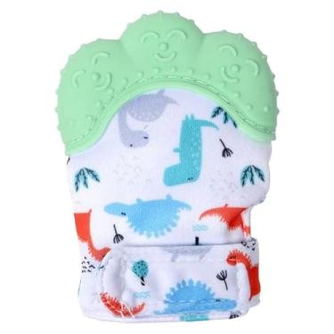 Imagem de Luvinha Mordedor Sensorial Bebê Dinossauros Silicone Texturizado Ajustável para Alívio da Dentição, Acalma e Estimula