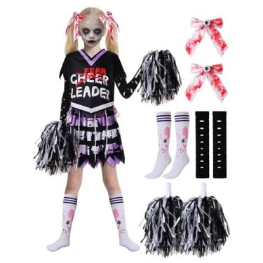 Imagem de Fantasia de líder de torcida morta para meninas, fantasia de líder de torcida de zumbi de Halloween para crianças de 10 a 12 anos, fantasia assustadora e sangrenta sem espírito