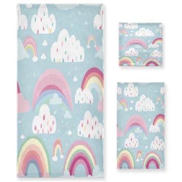 Imagem de xigua Conjunto de toalhas de banheiro arco-íris de desenho animado absorvente macio 3 peças toalha de banho toalha de mão toalhas decorativas para banheiro, academia, hotel, praia, piscina
