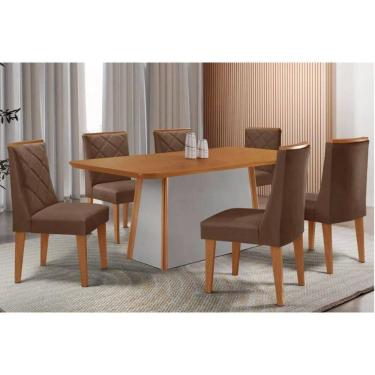 Imagem de Conjunto Sala de Jantar Tilia c/ Tampo Madeirado Canto Curvo 180x90cm e 6 Cadeiras Pietá Madeira Maciça Naturale/Off White - Capuccino/Suede Marrom-Ru