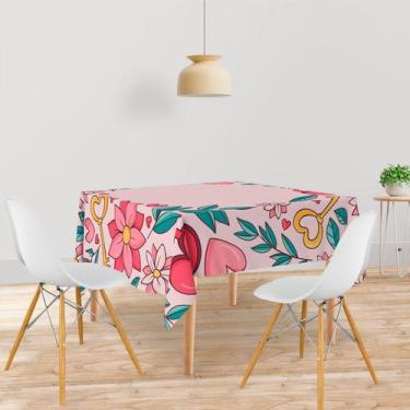 Imagem de Toalha De Mesa Quadrada Tecido Oxford Namorados Moldura Elementos Rosa