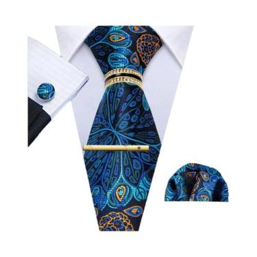 Imagem de Conjunto De Gravata Masculina Verde Teal Violeta Roxo Floral Jacquard 