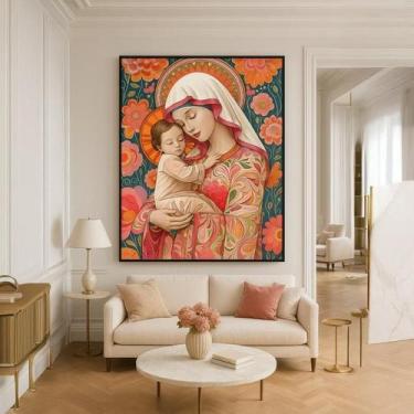 Imagem de Quadro Canvas Maria Menino Jesus Floral 60X40Cm Mold Branca - Quadros 