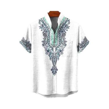 Imagem de Camisa Muçulmana Masculina De Linho Com Estampa Tribal Africana Retrô,