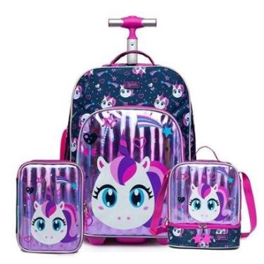Imagem de Kit Mochila De Rodinhas Lancheira Térmica Estojo Infantil 37 Litros Reforçada Escolar-F...