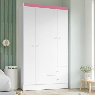 Imagem de Guarda Roupa Solteiro 4 Portas 2 Gavetas Vesta - MDE, Branco/Rosa Flex