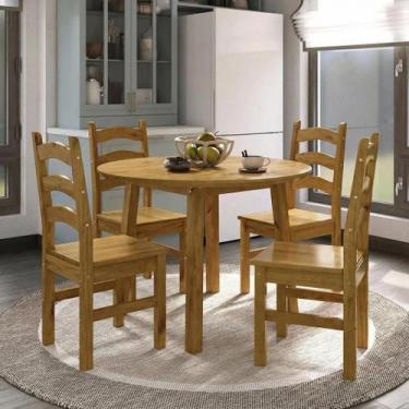Imagem de Conjunto com Mesa de Jantar 103cm Redonda e 4 Cadeiras 100% Madeira Ma