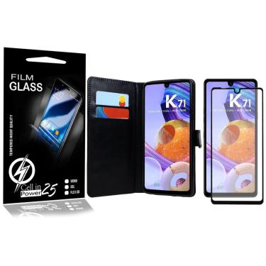 Imagem de Pelicula de vidro 3D + capa case carteira preta LG K71 Lmq730baw 6.8 - cell in POWER25
