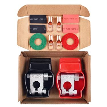 Imagem de Conectores de terminal de bateria, terminal de bateria de carro pesado negativo de especificação militar, com 4 peças de argolas de cobre de 2 calibres de 0,95 cm, 4 termorretráteis, 2 tampas e arruelas anticorrosão (kit)