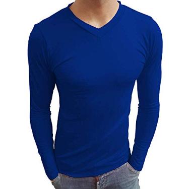Imagem de Camiseta Masculina Gola V Rasa Manga Longa cor:azul royal;tamanho:gg