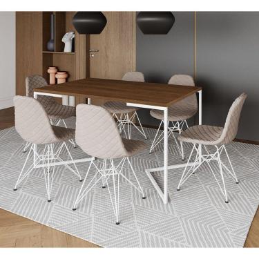 Imagem de Mesa Jantar Industrial Amêndoa Base V 137x90cm 6 Cadeiras Estofadas Eames Nude Claro Aço Branco 