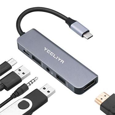 Imagem de USB C Hub, Type C Adapter 5 in 1 Ports Adapter to HDMI 4k, 3.5mm Audio/Mic Port, USB3.0/USB2.0 Port, Multiport Adapter Thunderbolt 3 Support Dongle for Apple Book Pro Huawei Matebook