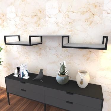 Imagem de Prateleira Industrial Suspensa Estante Parede Nicho Cinza Ferro E Madeira Suporte Pratileira