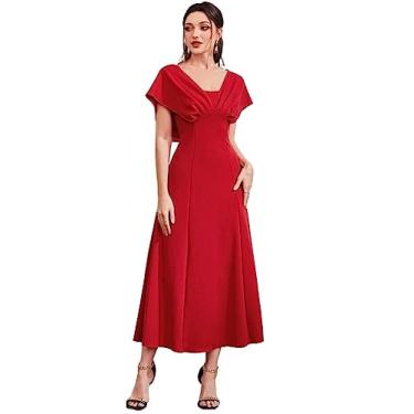 Imagem de Camisa Feminina Solid Fold Pleated Detail A-line Dress (Color : Red, Size : X-Small)