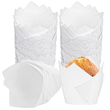 Imagem de 200 peças de forros de cupcake tulipa suportes de forros de assar muffins, embalagens de cupcake de Natal para casamentos, aniversários, aniversários e ocasiões especiais (branco)
