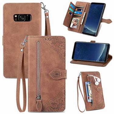 Imagem de Furiet Capa carteira compatível com Samsung Galaxy S8 Plus com alça de pulso de couro com suporte para cartão acessórios de celular para S8plus S 8 8plus 8S Edge S8+ SM-G955U feminino marrom