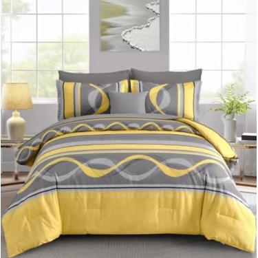 Imagem de Jogo de cama King amarelo, 8 peças, cama em um saco, listrado, boêmio, microfibra macia, conjunto de cama para todas as estações (264 x 224 cm)
