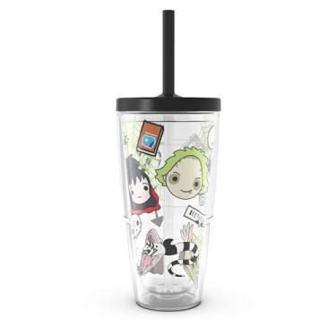 Imagem de Tervis Beetlejuice Group Made in USA Copo de viagem isolado de parede dupla mantém as bebidas frias e quentes, 680 g com tampa de palha, clássico