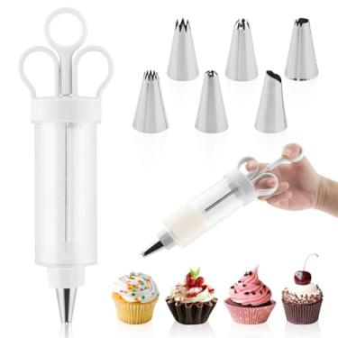 Imagem de CALIDAKA Conjunto de seringas de decoração de sobremesa, injetor de enchimento de cobertura de cupcake com 6 bocais de cobertura, gu-n de decoração de bolo, kits de bicos de serringe-e de tubulação de