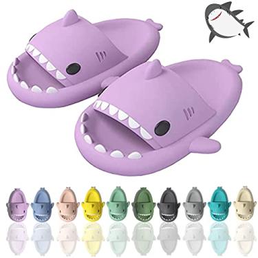 Imagem de sharllen Sandálias de tubarão para mulheres e homens, fofas, novidades, desenhos animados, antiderrapantes, bico aberto, sandálias de tubarão leves para o verão, Roxa, 9.5-10 Women/8-9 Men