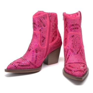 Imagem de Botas femininas de strass com diamantes negros, botas de caubói prateadas, rosa brilhante, sapatos curtos vermelhos brilhantes elegantes largos cano médio tornozelo e botinha, Fúcsia, 35