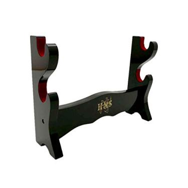 Imagem de Handmade Sword - Piano preto de madeira laqueada, mesa de 2 camadas e suporte de parede para Katana e Wakizashi, feltro vermelho no arco, suporte de exibição de mesa de espada
