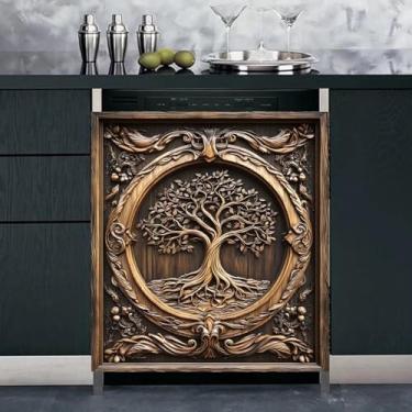 Imagem de MLGB Capa de ímã de máquina de lavar louça, árvore da vida esculpida em madeira 3D, folha de decalques de painel magnético de geladeira árvore de madeira, vintage, porta de madeira, eletrodomésticos,