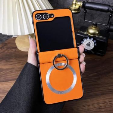 Imagem de Capa de textura de couro PU para Samsung Galaxy Z Flip 6 5 4 3 Flip6 Flip5 Flip4 Flip3 5G Ring Holder Magnetic Phone Case, laranja, para Samsung Galaxy Z Flip 3
