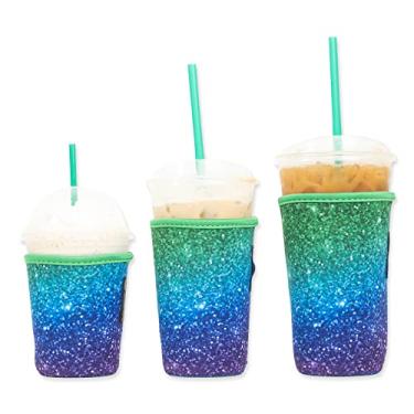 Imagem de Manga de café gelado Baxendale para copos de bebidas frias – Pacote com 3 – Mangas de neoprene para bebidas frias reutilizáveis – Compatível com Starbucks, Dunkin (3 pacotes Sm-Med-Lg, glitter verde/roxo)