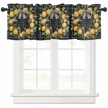 Imagem de CosyBright Cortina de saia de limão preta xadrez curta, tratamento de janela com laço de limão para cozinha, preto, para banheiro, quarto, sala de estar, 1 painel 137 cm L x 45 cm C