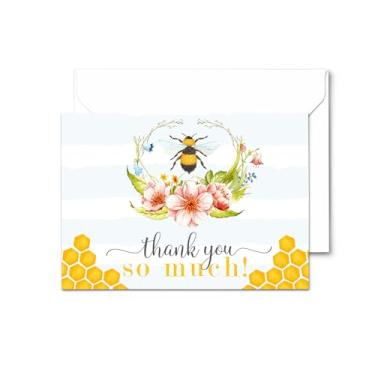 Imagem de Bee Thank You Cards (pacote com 25) Baby Shower – Gênero Reveal – Chuveiro de noiva rústico – Festa – Formatura – Estilo floral e abelha – Conjunto de notas de papelaria dobradas todos os dias com envelopes