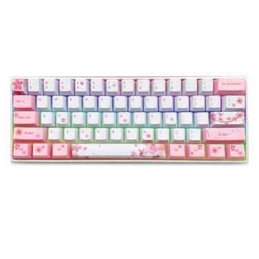 Imagem de ZMX Teclado mecânico rosa cerejeira, 60% compacto, intercambiável, USB-C com fio, RGB para jogos, 61 teclas, mini teclado fofo com sublimação de tinta PBT para PC/Mac (interruptor vermelho)
