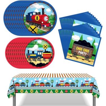 Imagem de Wexifly Decorações de festa de trem, tema de trem, utensílios de mesa, pratos de trem, toalha de mesa e guardanapos para 16 convidados, trem ferroviário, artigos de festa de aniversário