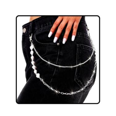 Imagem de Ursumy Corrente de calça punk para homens com rebite em camadas de jeans, corrente de prata e pérola, corrente vintage para mulheres, One size, não, não