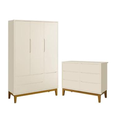 Imagem de Jogo de Quarto Infantil Classic Guarda Roupa 3 Portas e Cômoda 6 Gavetas com Pés Amadeirado - Reller Móveis Areia Fosco
