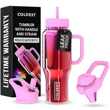 Imagem de Copo Coldest com alça e canudo - Copo 100% à prova de derramamento com canudo (3 tampas) - Copos isolados de aço inoxidável à prova de vazamento para mulheres e homens - Adequado para porta-copos