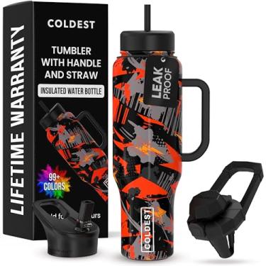 Imagem de Copo Coldest com alça e canudo - Copo isolado 100% à prova de vazamento com tampa e canudo (3 tampas) - Copos de aço inoxidável para mulheres e homens - Base compatível com porta-copos, 1,304 g