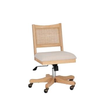 Imagem de Linon Kasi Cadeira de escritório giratória de madeira natural e de linho com altura ajustável com assento extra acolchoado