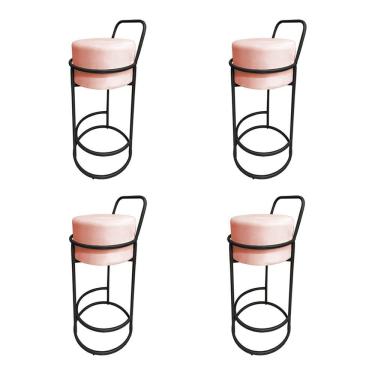 Imagem de Kit 4 Banquetas Alta Redonda Base Preta Veludo - Rose