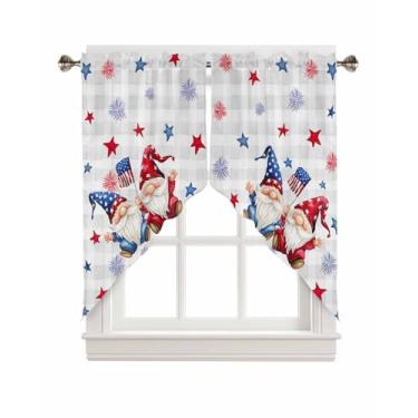 Imagem de BEMIGO Cortinas Swag para janelas, cortinas de janela de cozinha gnomo do Dia da Independência sobre a pia, cinza estrela, xadrez, bolso para varão, valências para janela, cortinas, 2 painéis de 91 cm