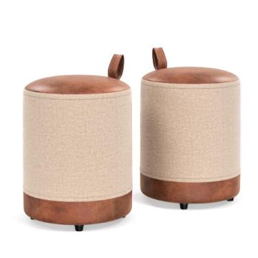Imagem de Kit 2 Puff Redondo Banqueta em Couro e Linho Cinza/Bege para Quarto Sala (Kit - Bege)