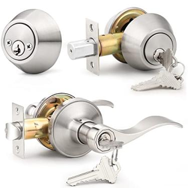 Imagem de Probrico Conjunto de fechadura de porta externa, maçanetas de porta dianteira, combinação de maçanetas de porta de entrada e fechadura de fechadura de cilindro duplo, ferragens externas e internas