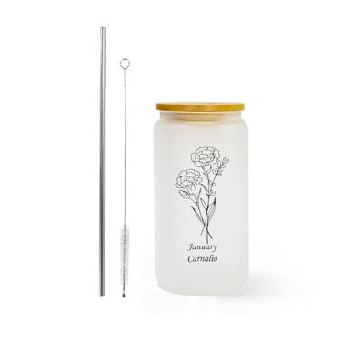 Imagem de AGH Presentes Lata de vidro fosco para homens e mulheres, copo de vidro de 473 ml com tampas Banboo e canudo, copo de vidro carnalio de janeiro para Ice Coffe Smoothie Whiskey Boba Soda Tea Gift. 1