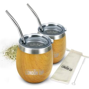 Imagem de Conjunto London Sip Yerba Mate Cup and Bombilla, inclui 2 cuias (227 g cada), tampas resistentes a derramamentos, canudos, escova Bombilla e bolsa incluídos, madeira leve