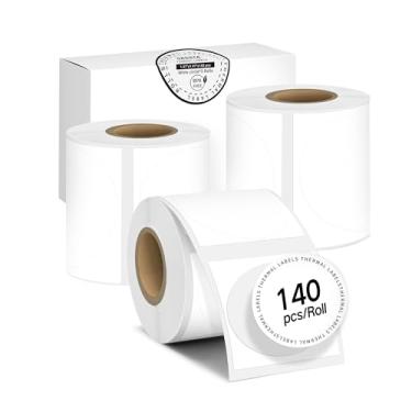 Imagem de ORGSTA 3 rolos de etiquetas térmicas para máquina de etiquetas T003, fita adesiva adesiva térmica redonda de 50 mm, impermeável, à prova de óleo, papel de impressora térmica, 140 etiquetas/rolo, preto