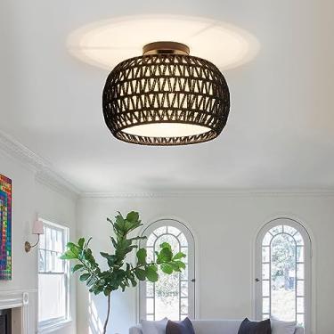 Imagem de BUXVRCS Luminárias De Teto Em Rattan, Embutidas Estilo Boho Trançadas À Mão, Artesanais Com Cúpula Tecido, Fazenda Para Quarto, Corredor E Entrada (Preto)