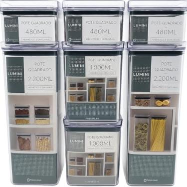 Imagem de Kit 7 Potes Mantimentos Hermético Quadrado Empilhável Cozinha Acrílico 2 de 2,2L + 2 de 1L + 3 de 480ml